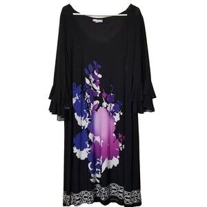 Sandra Darren Womens Dress Plus Size 24W Black Purple Floral Bell Sleeve